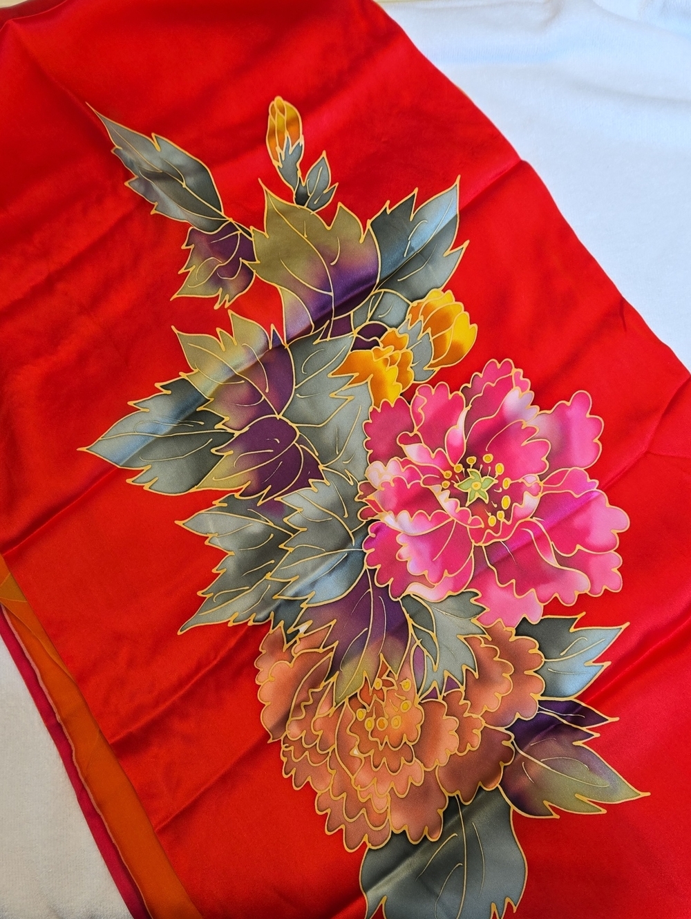 Red Floral Scarf with Gold Accents